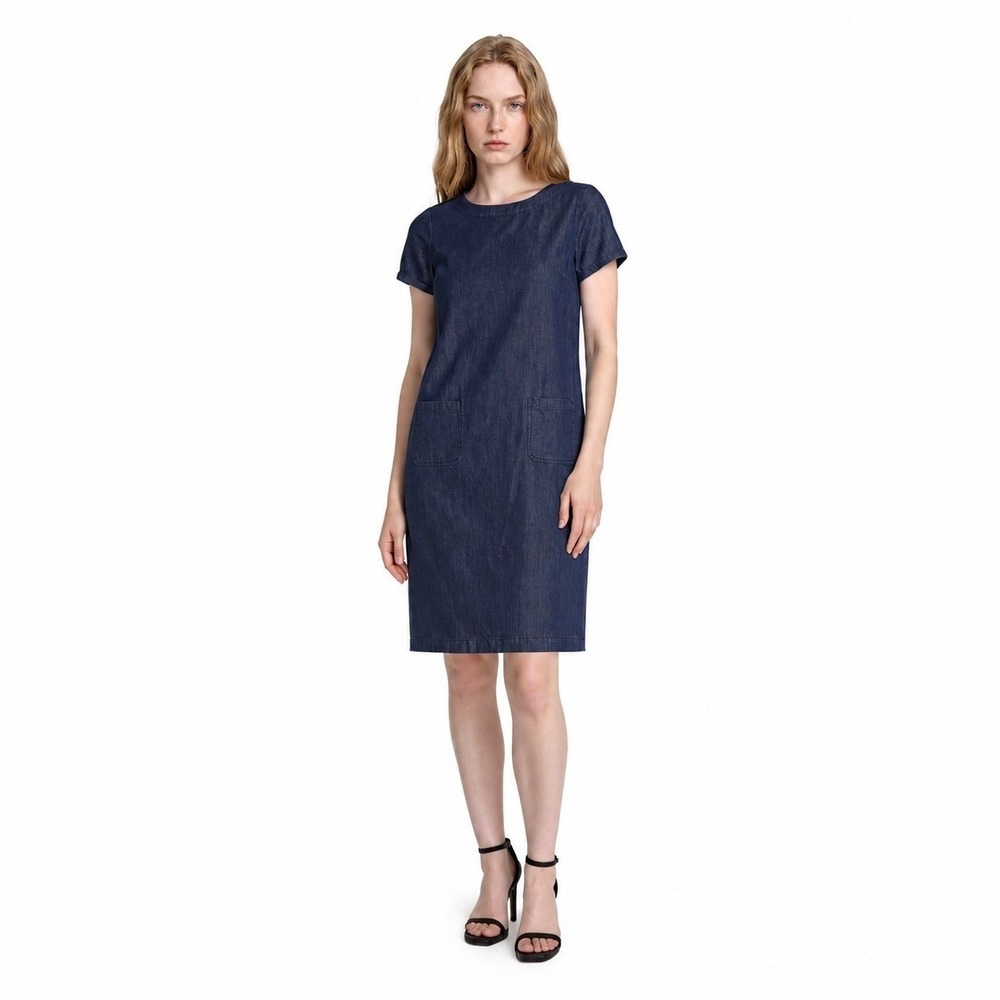 Boden Denim Shift Dress Women's Size 8 Blue Neon Green Zip Back Pockets Jean